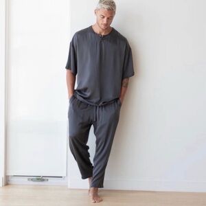 Lahgo Lunya Dark Gray Men’s Henley Top Washable Silk Pajamas Set XXL